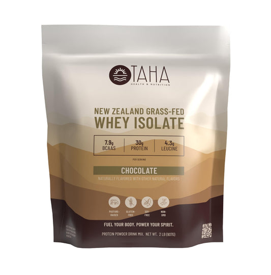 Taha Chocolate Whey Protein Isolate front packaging showing 30g protein per serving