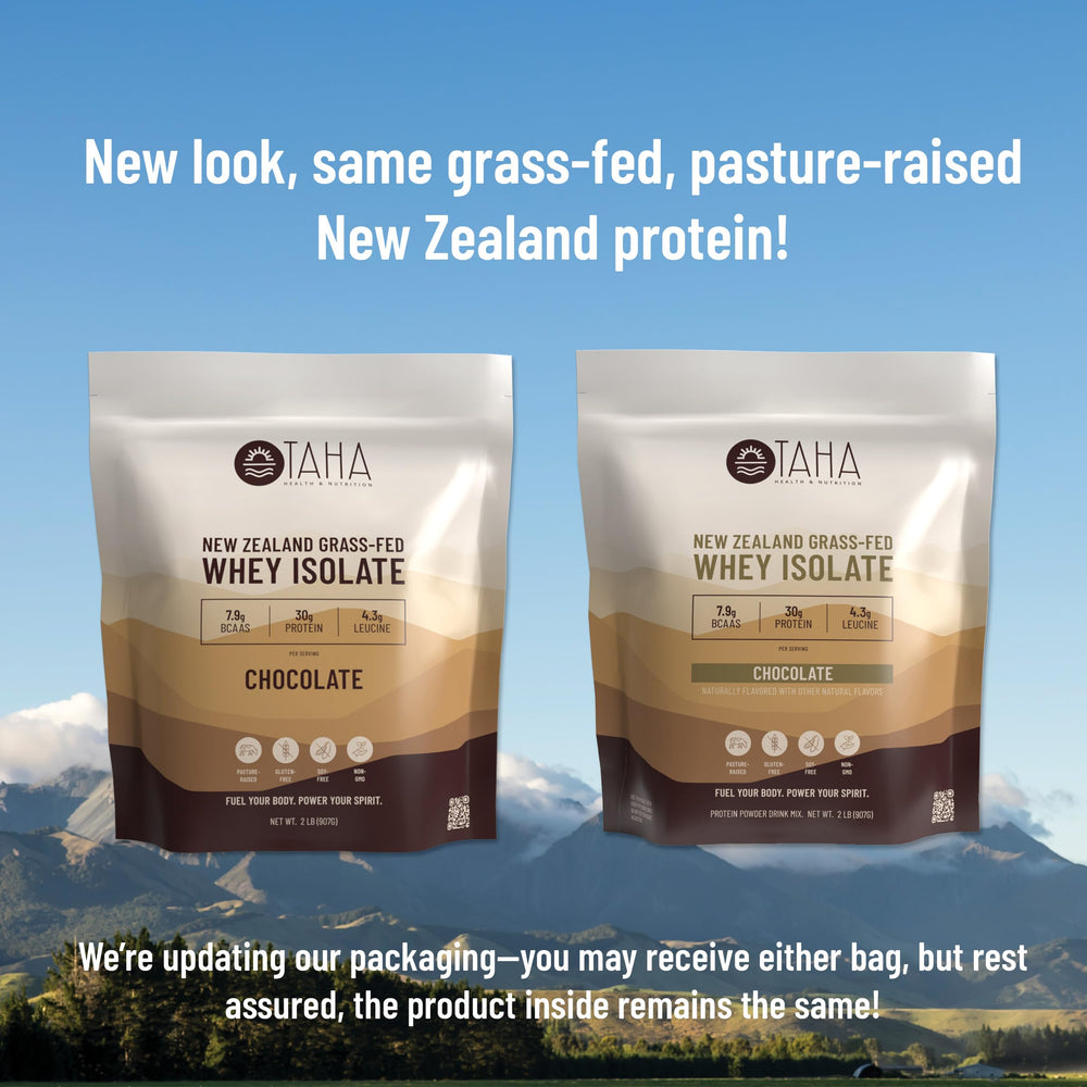 Taha Chocolate Whey Protein Isolate packaging nutrition panel highlights key nutrients