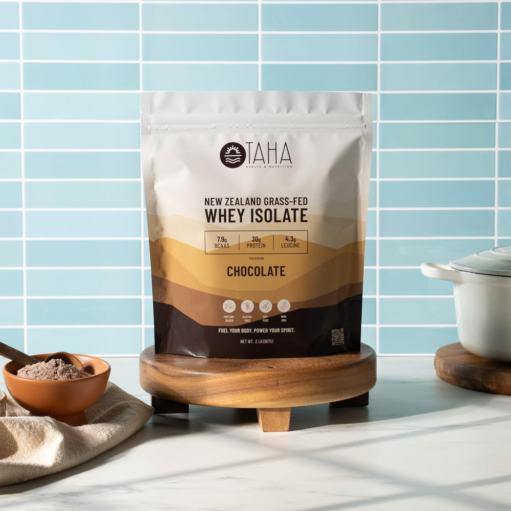 Taha cold-processed whey protein isolate powder close-up for purity