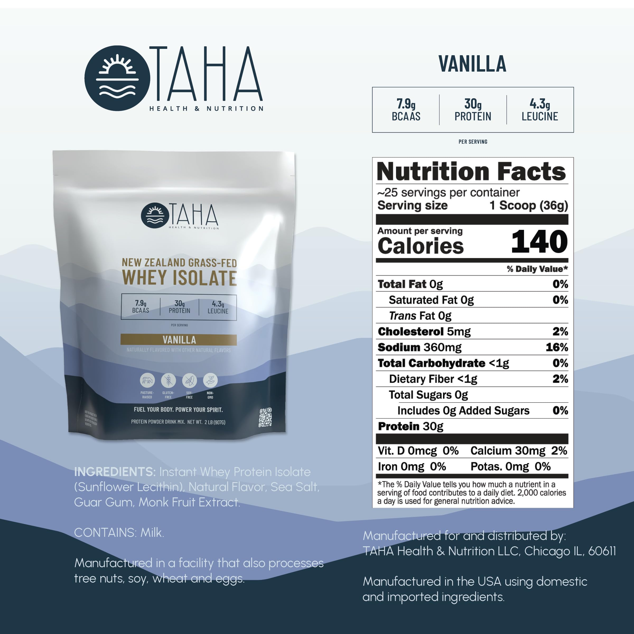 Taha Health & Nutrition vanilla whey grass-fed dairy origin signals clean sourcing.
