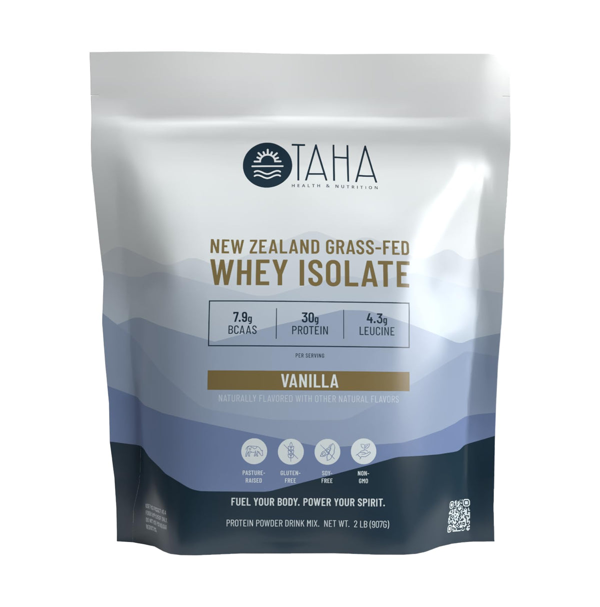 Taha Health & Nutrition vanilla whey isolate bottle close-up showing 30g protein per serving.