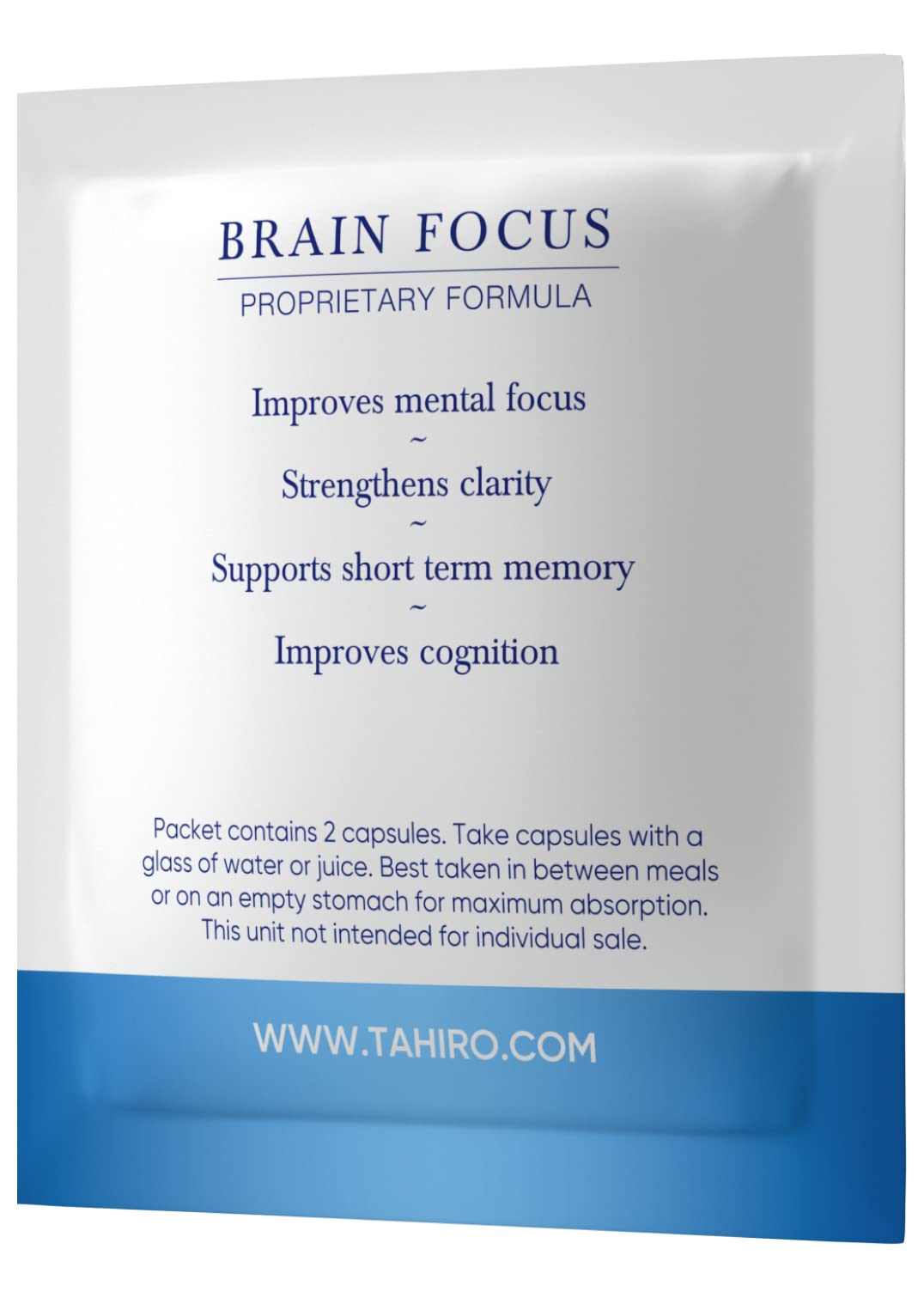 Close-up of TAHIRO Brain Focus capsules showing two-capsule serving