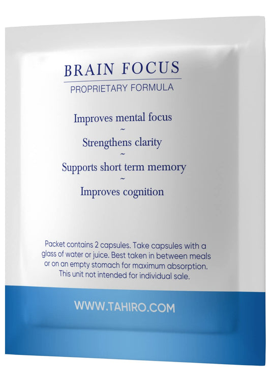Close-up of TAHIRO Brain Focus capsules showing two-capsule serving