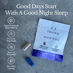 TAHIRO Sleep Well bottle front view showcasing convenient 28-pack sleep aid