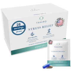 TAHIRO Stress-Relief Supplement bottle on desk for daily focus and calm.