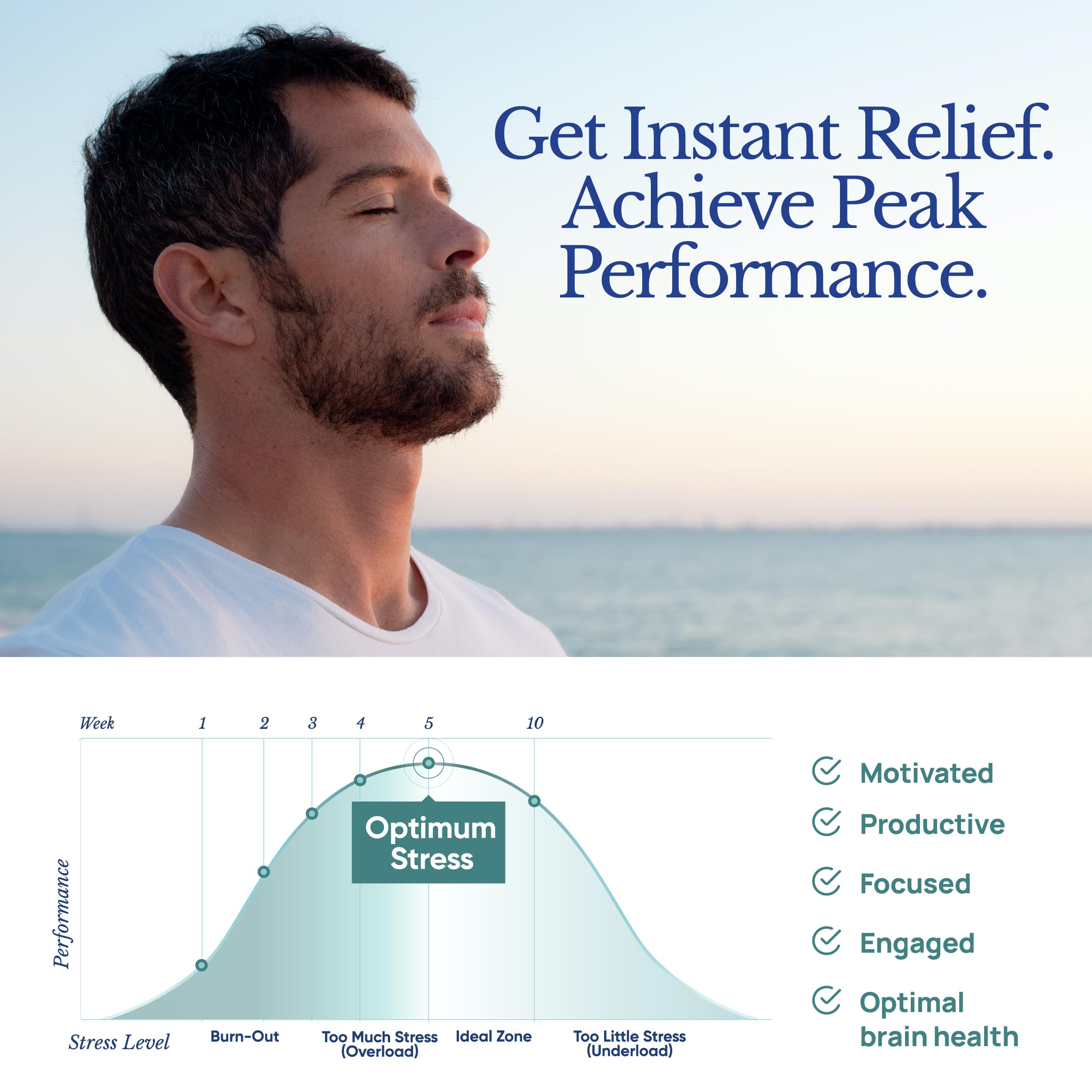 TAHIRO Stress-Relief Supplement user meditating for calmer focus.