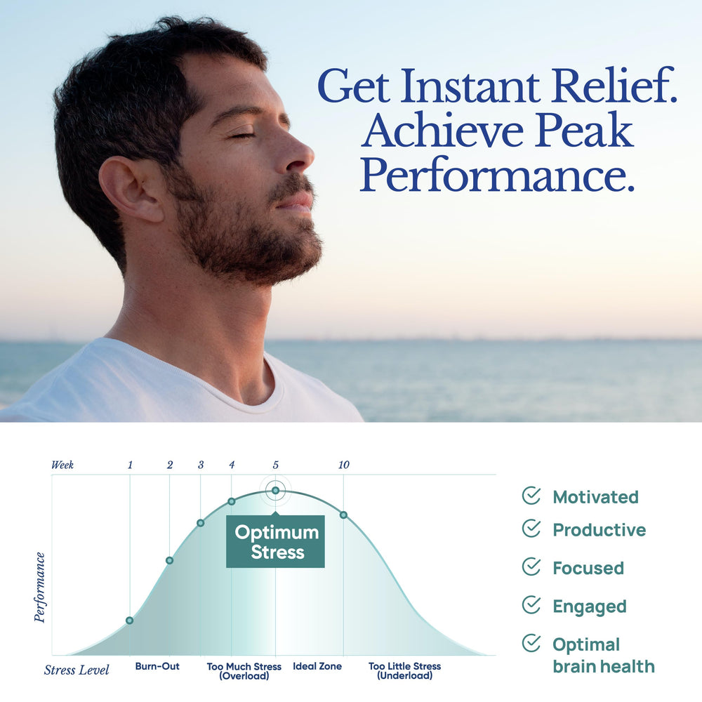 TAHIRO Stress-Relief Supplement user meditating for calmer focus.