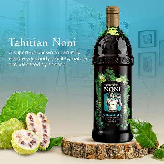 Tahitian Noni juice label close-up highlighting natural ingredients