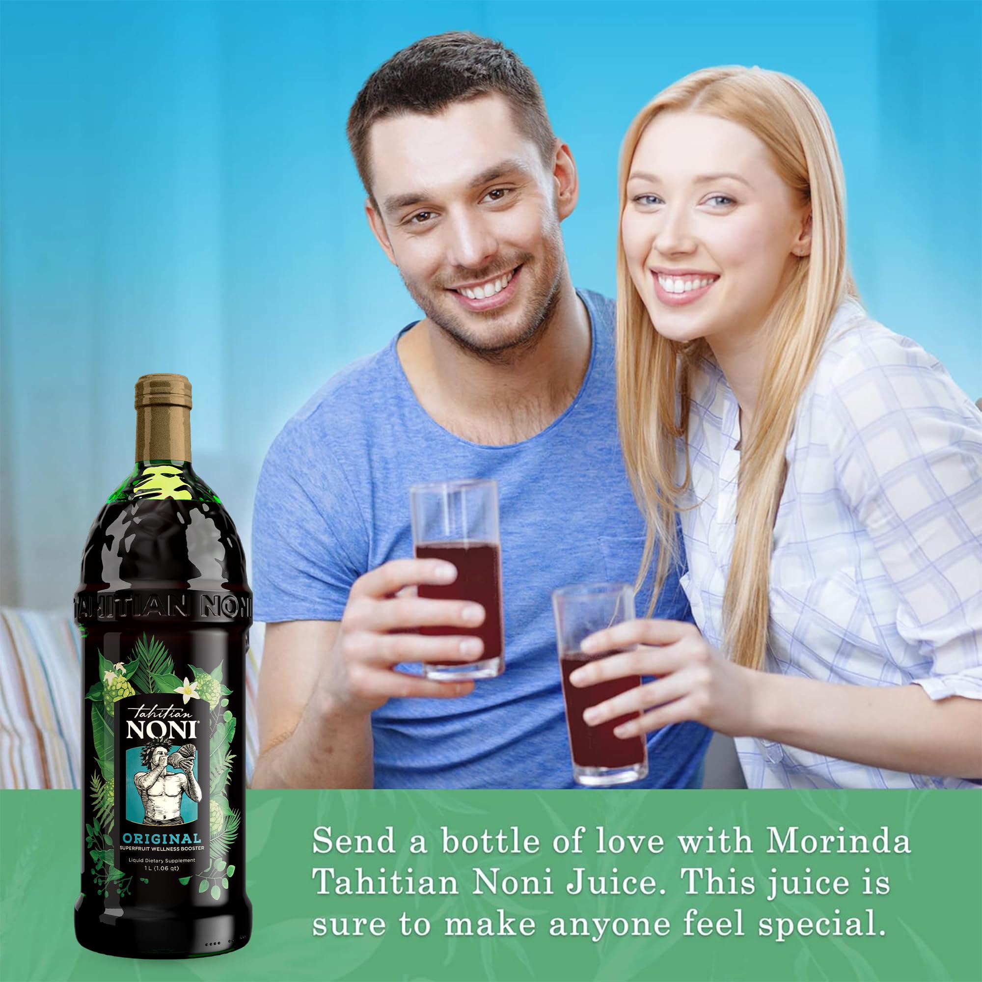 Tahitian Noni juice pouring into glass for refreshing intake
