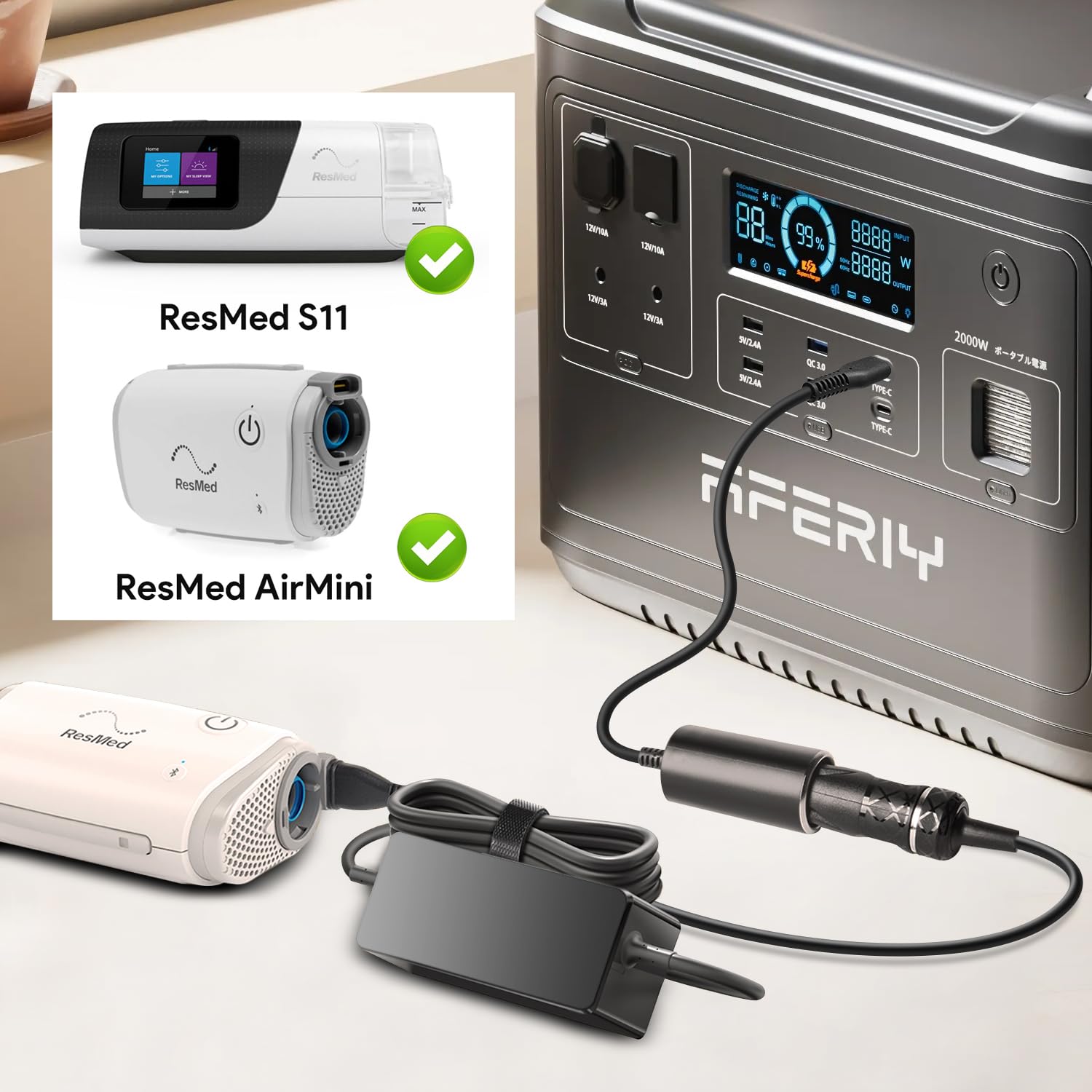 TAIFU AirSense 11 DC adapter compatibility chart shows broad ResMed support