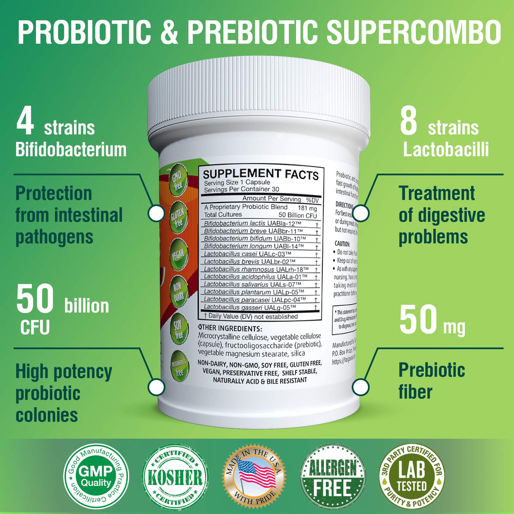 TAIGASEA bottle-label closeup highlights multi-strain formula for immune and digestive wellness.