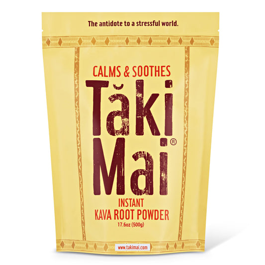 Taki Mai Noble Kava powder jar for a relaxing evening ritual.