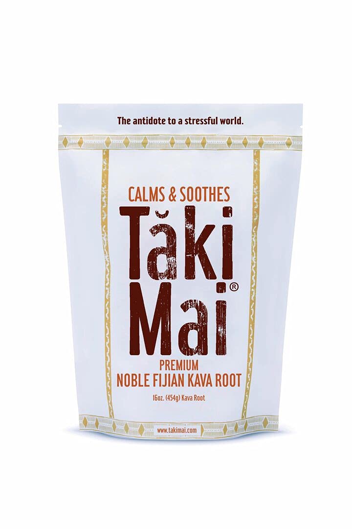 Taki Mai Noble Kava powder front label highlighting pure noble kava for calm evenings