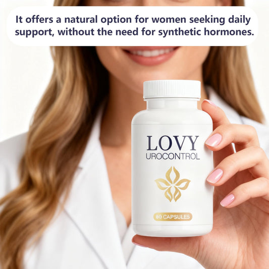 Lovy product bottle back view highlighting non-GMO and GMP-certified formula
