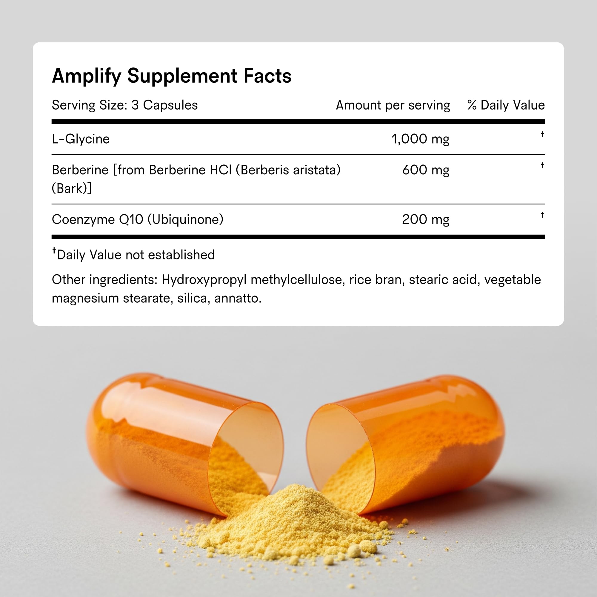 Tally Health Amplify packaging highlights vegan, non-GMO, gluten-free formula
