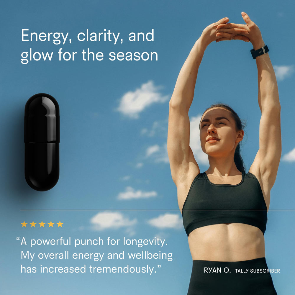 Tally Health NAD label close-up with 1000 mg for cellular energy pathways and focus