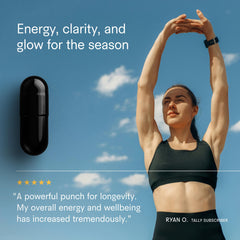 Tally Health NAD label close-up with 1000 mg for cellular energy pathways and focus