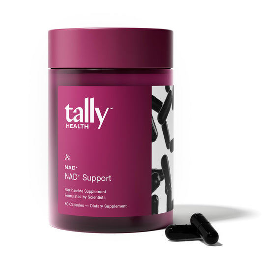 Tally Health NAD+ supplement bottle front highlighting 1000 mg niacinamide for energy support