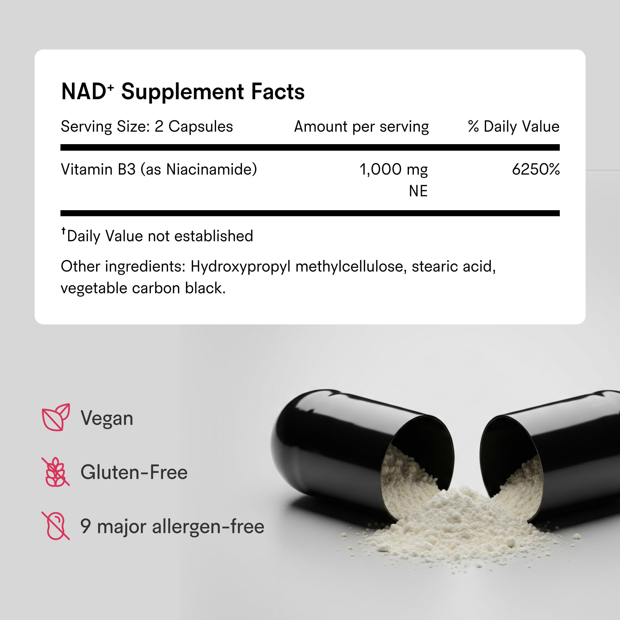 Tally Health niacinamide nutrition facts label emphasizing daily dosage