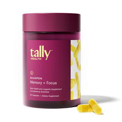 Tally Health Sharpen bottle front with vegan formula for daily focus.