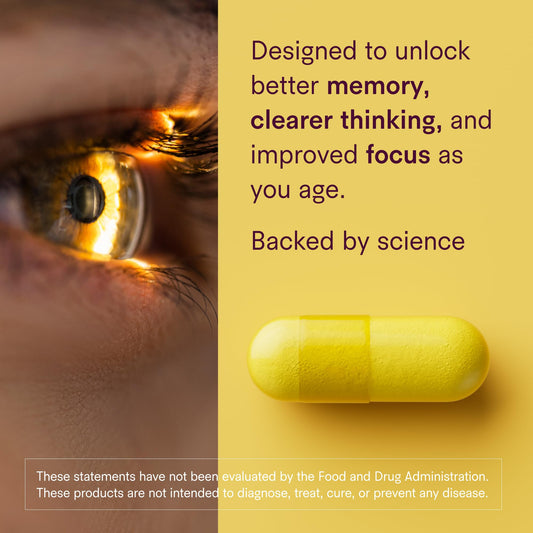 Tally Health Sharpen capsules pouring to show daily cognitive support.