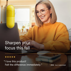 Tally Health Sharpen bottle label close-up highlighting choline and B-complex.