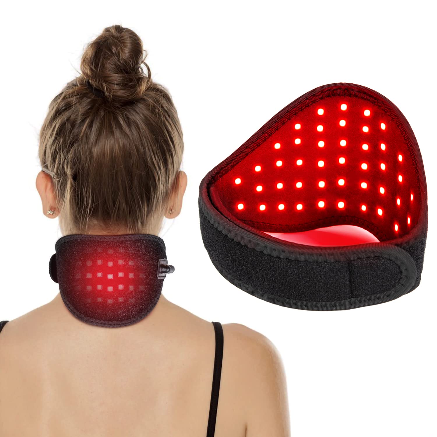 Talsafe neck wrap worn for at-home light therapy targeting neck comfort.