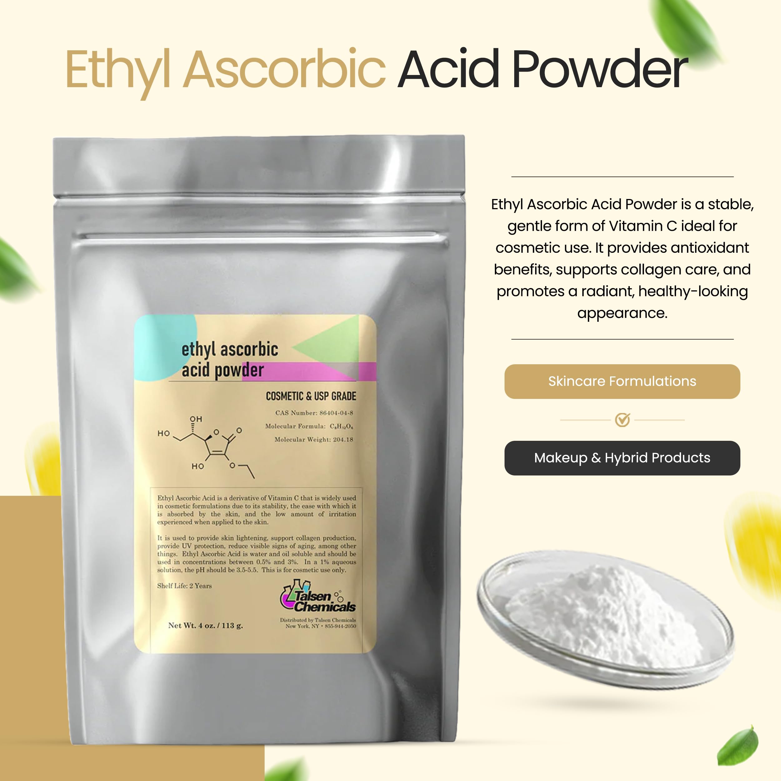 Talsen Ethyl Ascorbic Acid Powder jar closeup showing purity for formulas