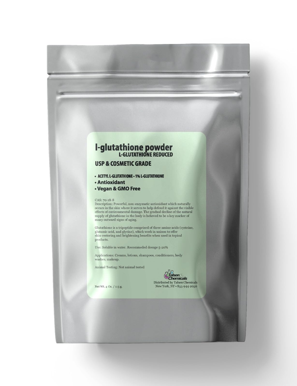 Talsen Chemicals L-Glutathione powder bottle ideal for DIY serums and smoother skin.