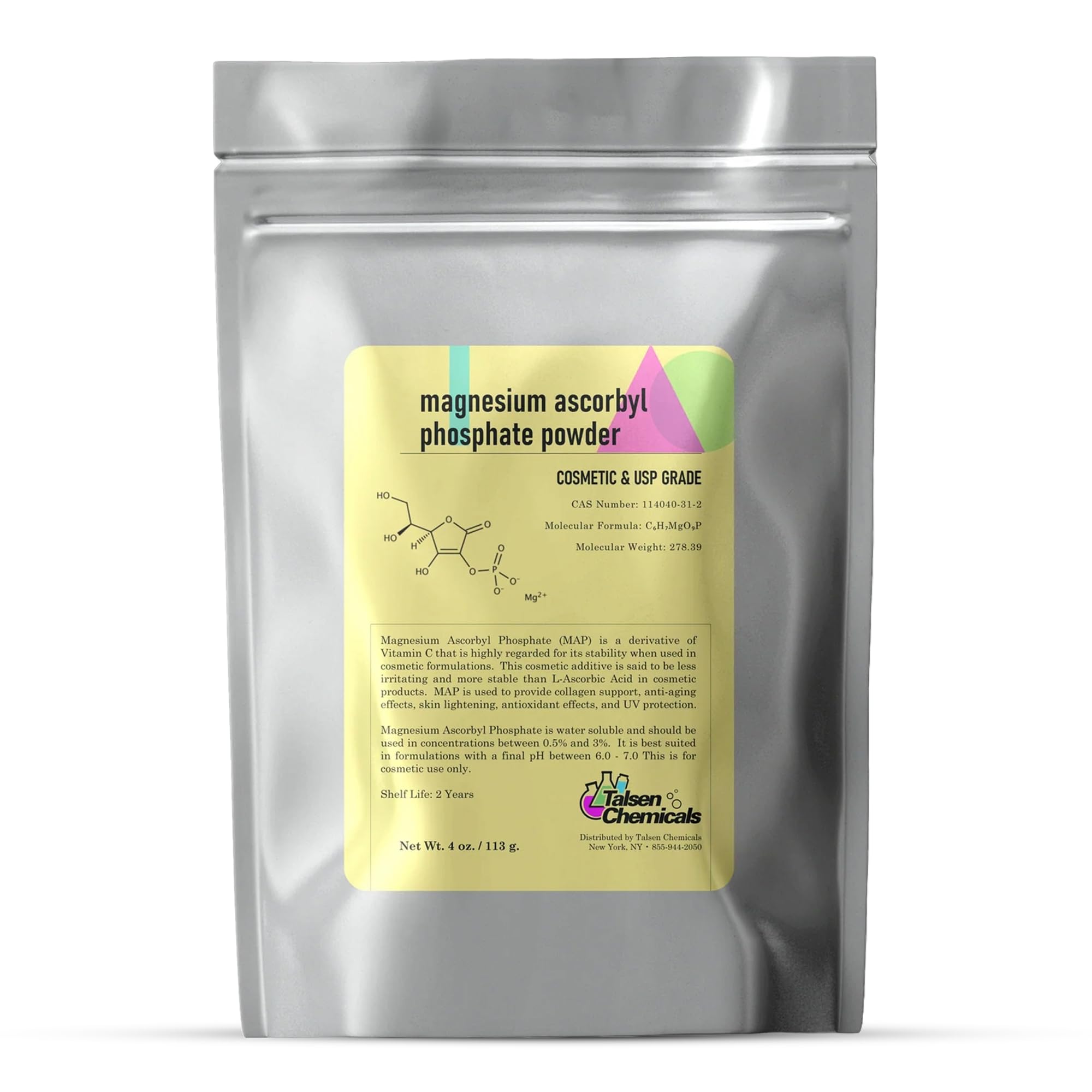 Talsen MAP powder packaging highlights stable vitamin C for DIY skincare.