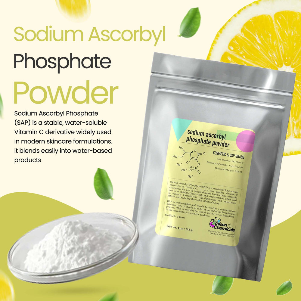 Talsen SAP powder packaging closeup highlighting white, odorless powder for water-based formulations.