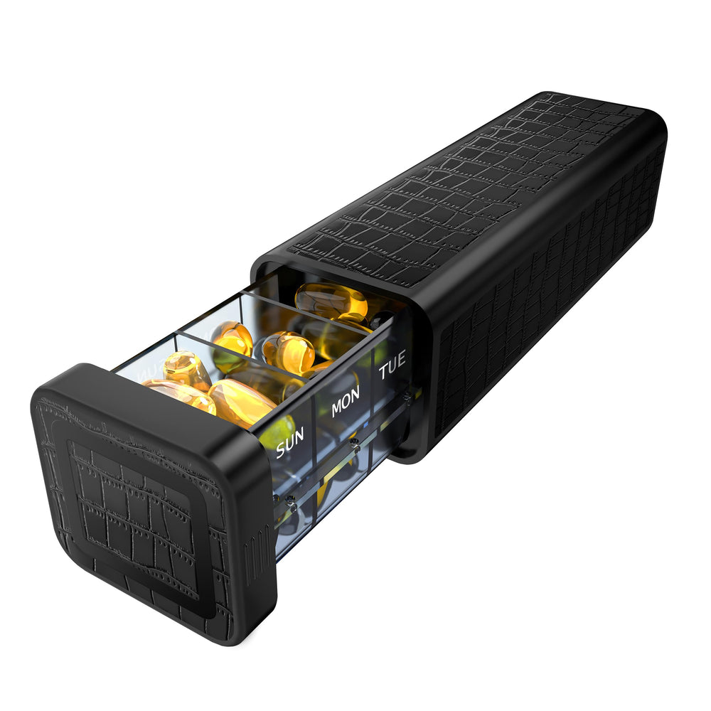 TALVOLC M weekly pill organizer front view with discreet leather for on-the-go use