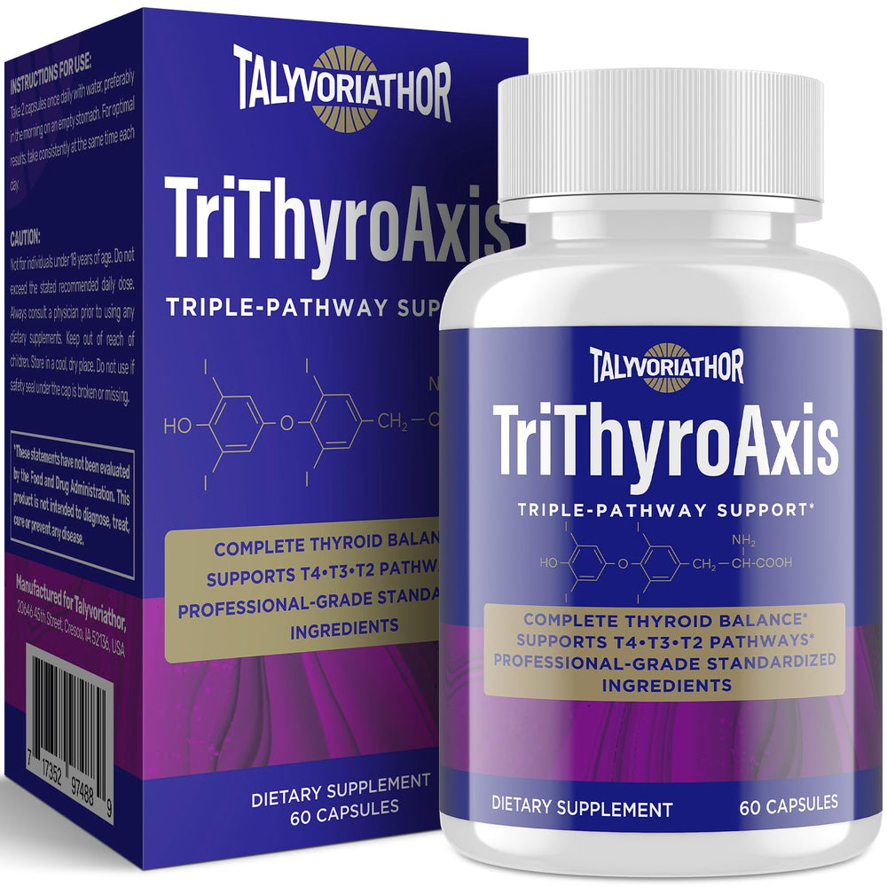Talyvoriathor TriThyroAxis bottle front showing premium thyroid support packaging for energy balance.