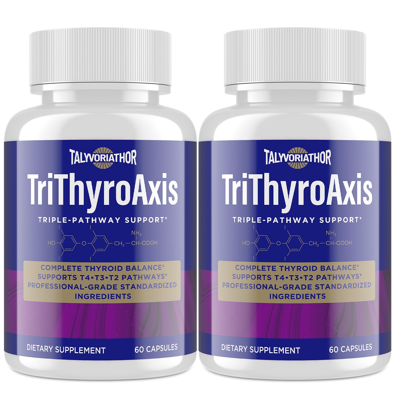 Talyvoriathor TriThyroAxis bottle side showing durable packaging for thyroid support.