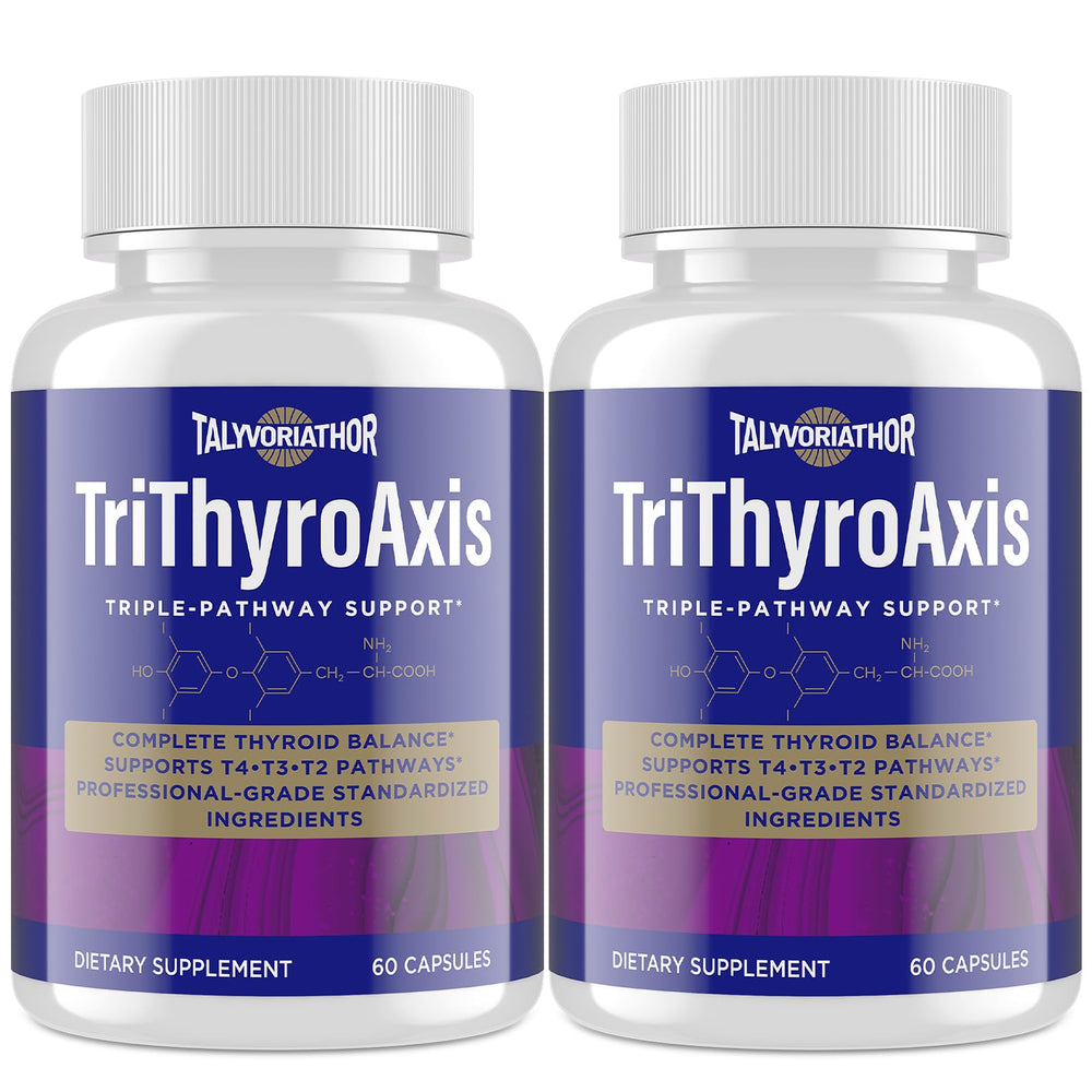 Talyvoriathor TriThyroAxis bottle side showing durable packaging for thyroid support.
