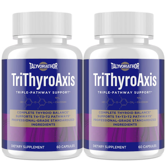 Talyvoriathor TriThyroAxis bottle side showing durable packaging for thyroid support.
