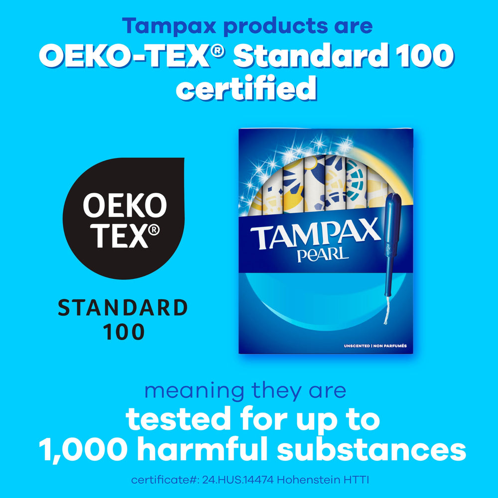 Tampax Pearl latex-free tampon for sensitive-skin comfort.