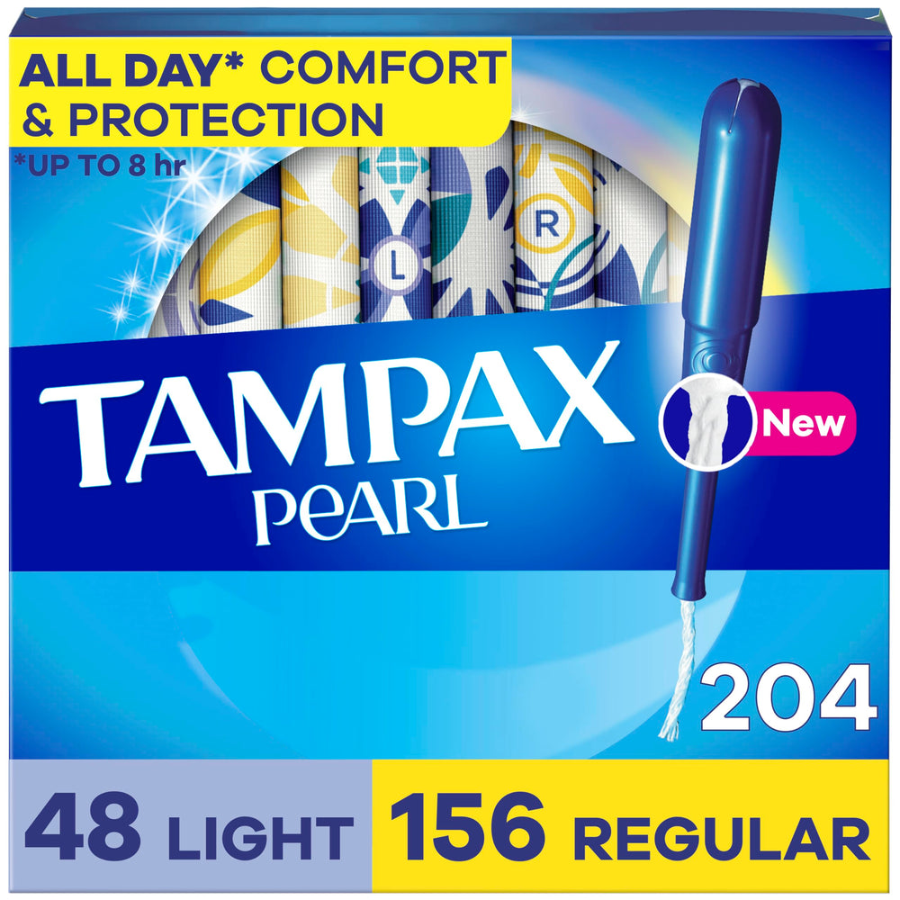 Tampax Pearl LeakGuard braid protection shown for reliable leak prevention.