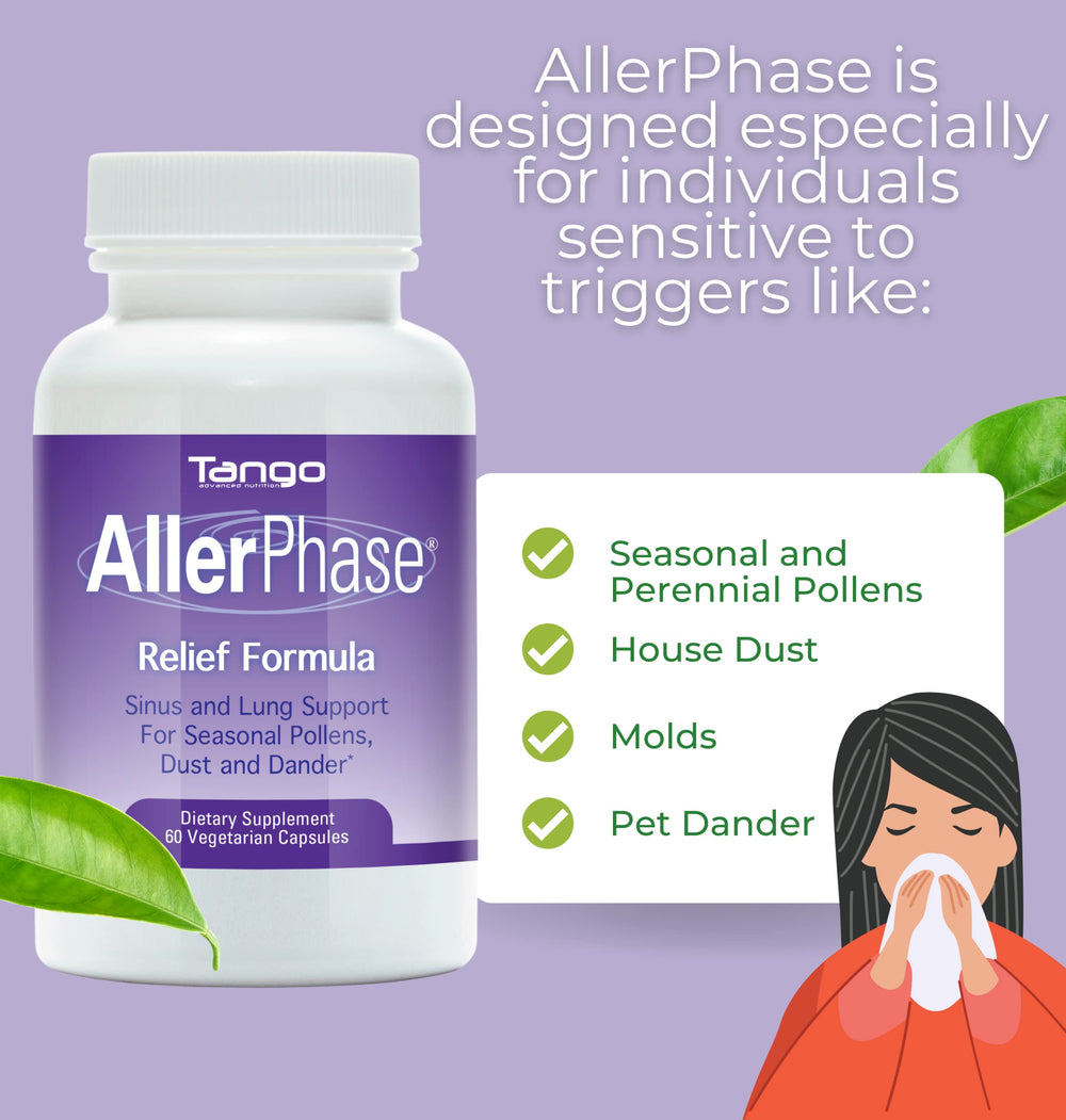 Tango AllerPhase pills close-up highlighting non-drowsy, vegetarian capsules.