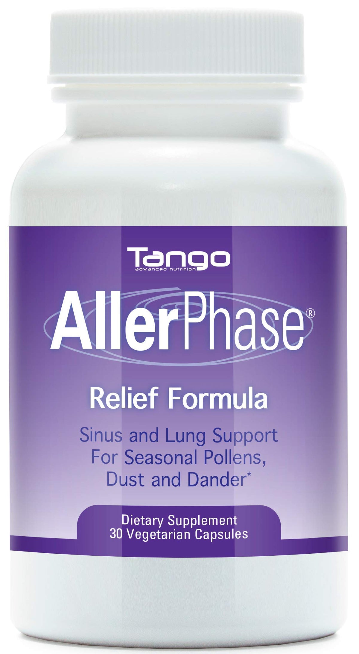 Tango AllerPhase sinus-relief bottle showcasing herbal blend for seasonal comfort.