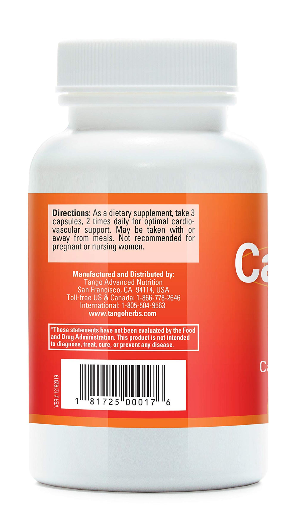 Tango CardioPhase bottle back with supplement details for cardiovascular wellness.