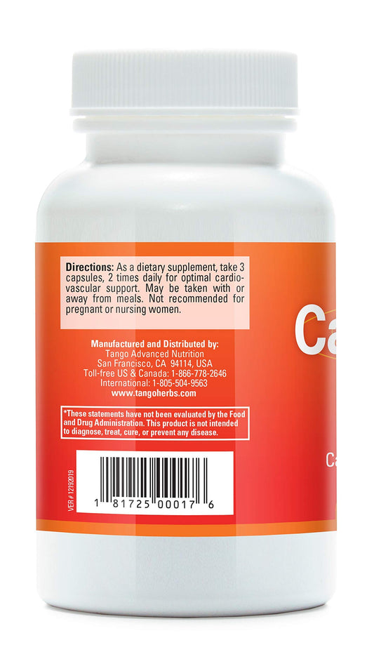 Tango CardioPhase bottle back with supplement details for cardiovascular wellness.
