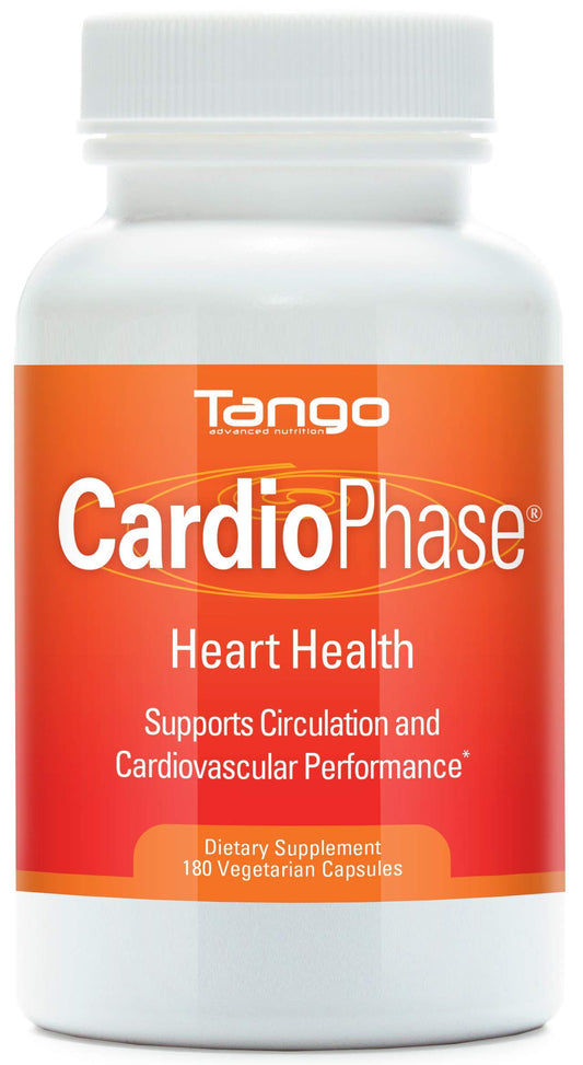 Tango CardioPhase bottle front showing the clean label and product name for heart health support.