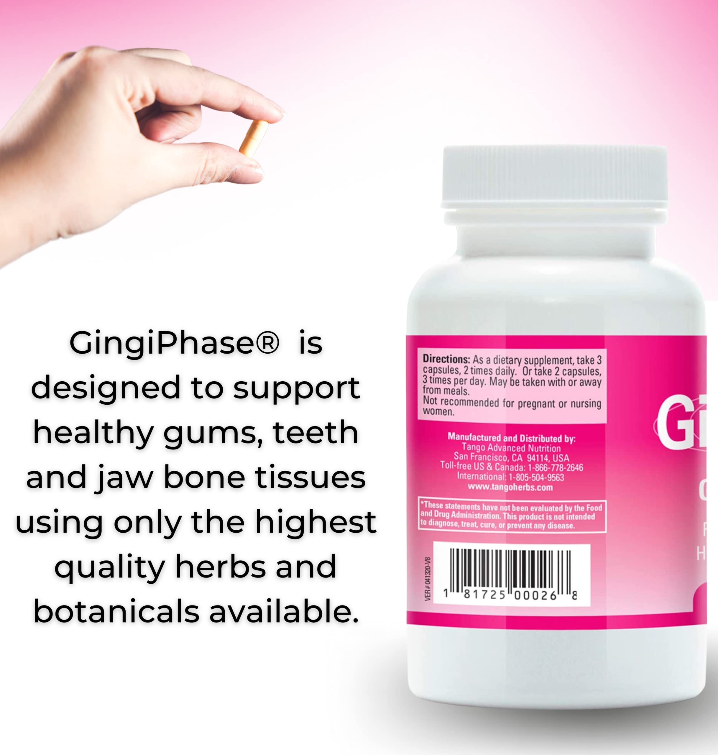 Tango GingiPhase capsules close-up highlighting easy-to-take herbal capsules.