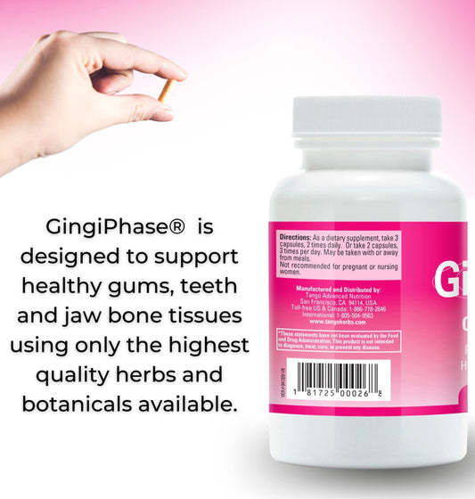Tango GingiPhase capsules close-up highlighting easy-to-take herbal capsules.