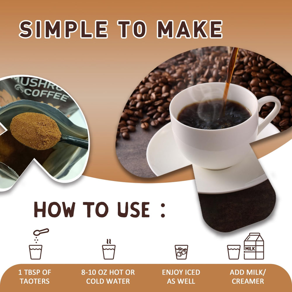 TAOTERS Mushroom blend ingredients highlight Cordyceps, Reishi, Lion's Mane.