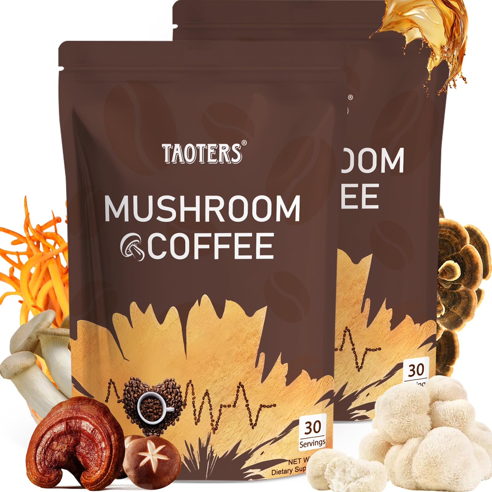 TAOTERS Mushroom Coffee jar bundle showing six-mushroom blend for balanced energy.