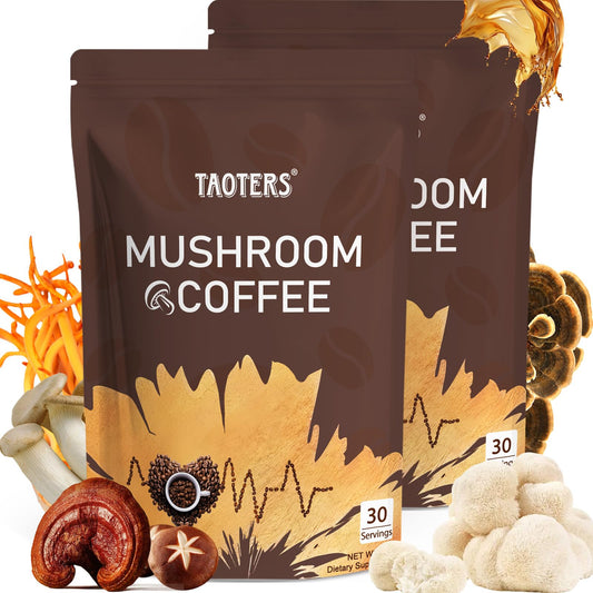 TAOTERS Mushroom Coffee jar bundle showing six-mushroom blend for balanced energy.
