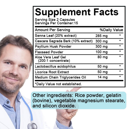 TAOTERS senna cascara psyllium capsules close-up: supports gentle digestion and regularity