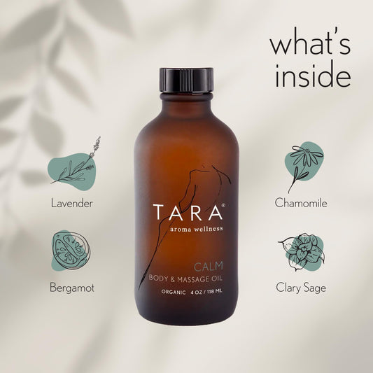 TARA Spa Therapy Calm bottle pour demonstrates easy, quick massage preparation.